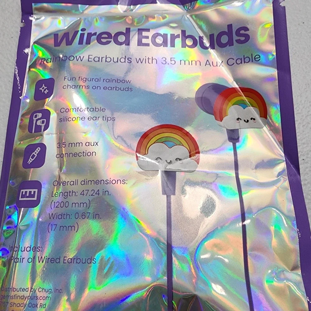 Purple Wired Earbuds 3.5 Aux Cable/ 3ft USB-C Charge Cable Rainbow Charms New